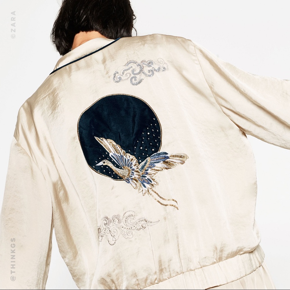 Zara Satin Crane Embroidered Bomber Jacket
